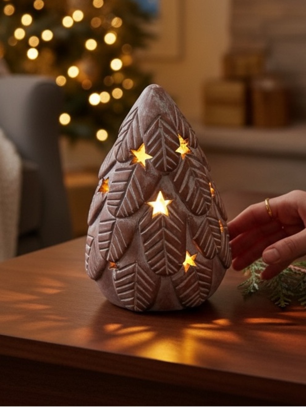 Terracotta Festive Christmas Star-Cut Ceramic Tree Lantern Candle Holder